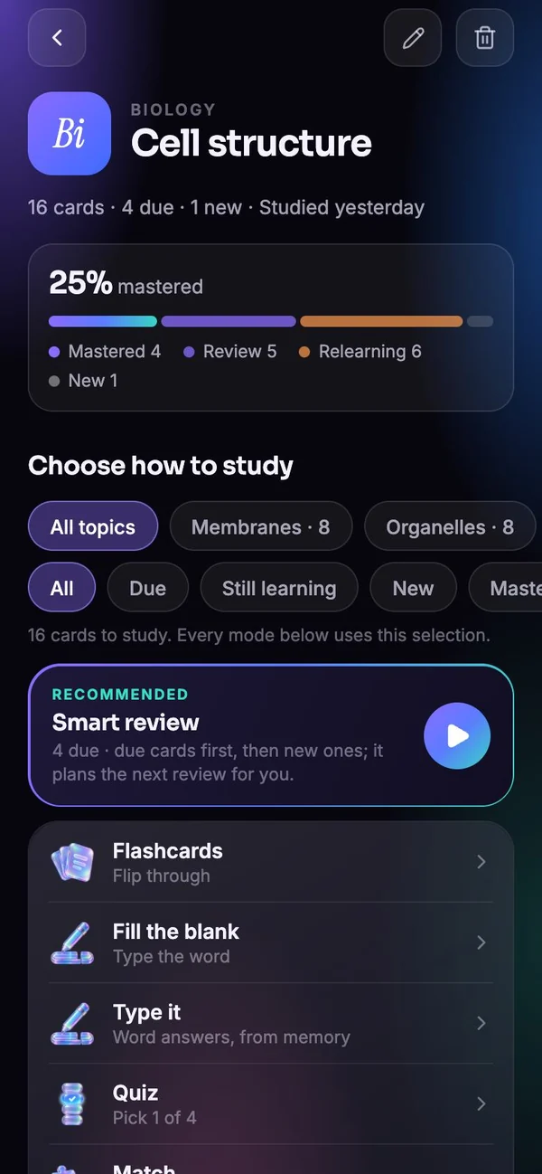 Recall: Study set: topics and filters that every study mode shares.
