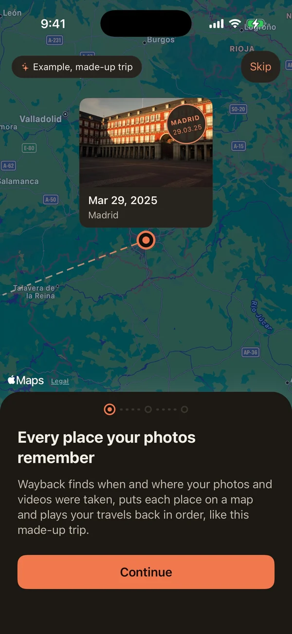 Wayback: Onboarding: a made-up sample trip plays on the real map behind the card, with a postcard at every stop.
