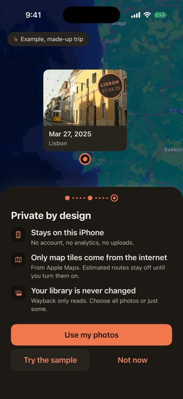 Wayback: Private by design: no account, no analytics, no uploads, and the photo library is never changed.