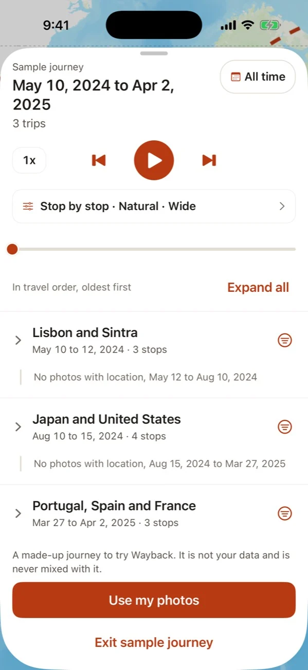 Wayback: The timeline, with stops grouped into trips in travel order.